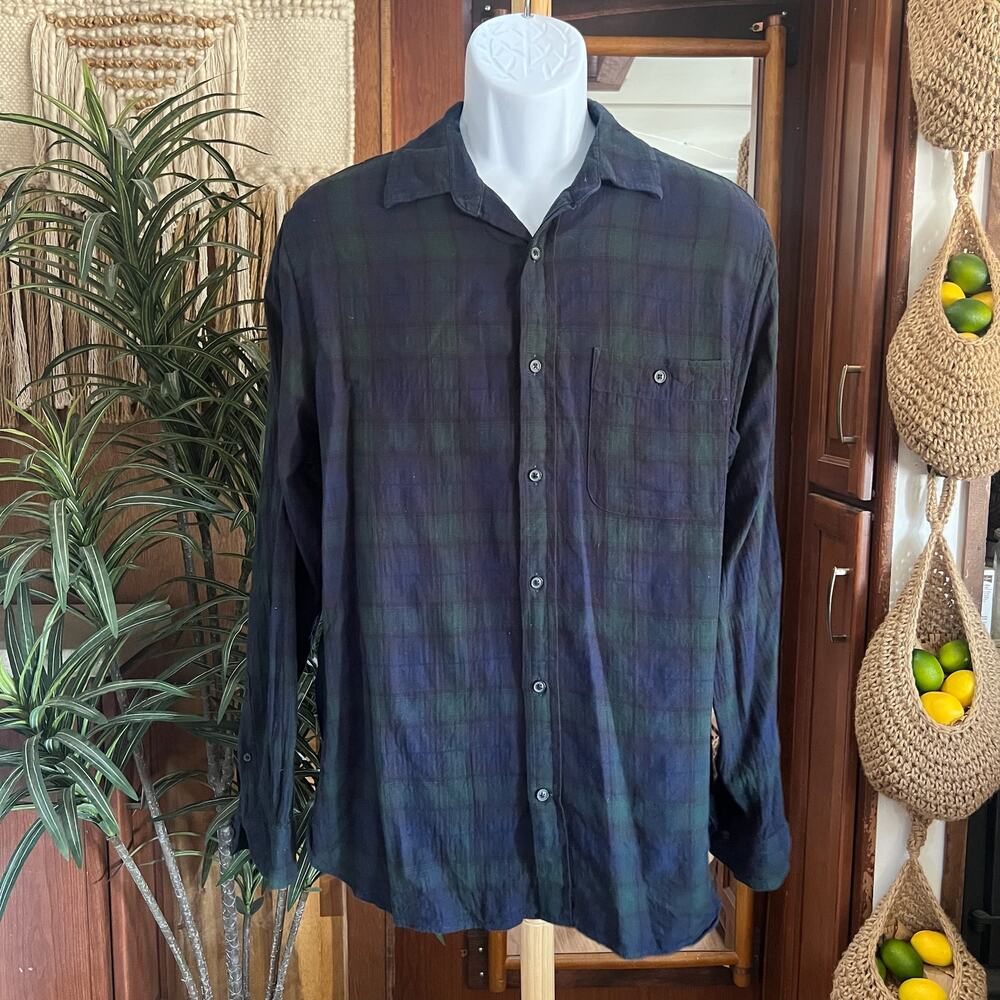 Banana Republic Plaid Button Down Shirt L | Green Navy Cotton Stretch Slim Fit